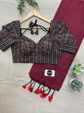 Maroon Handloom Khadi Cotton Saree With Ajrakh Print Stitched Blouse